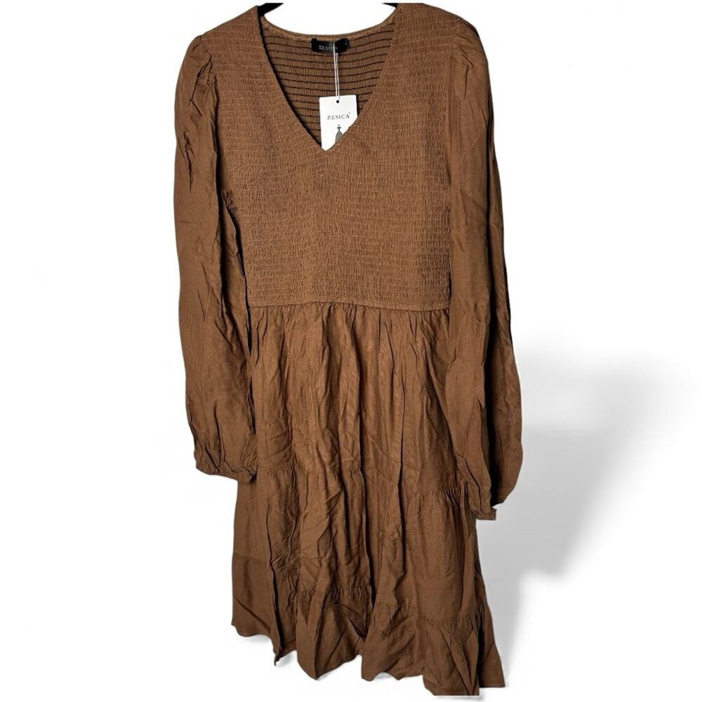 Elegant Long Sleeve Brown Dress Large - Picture 3 of 8